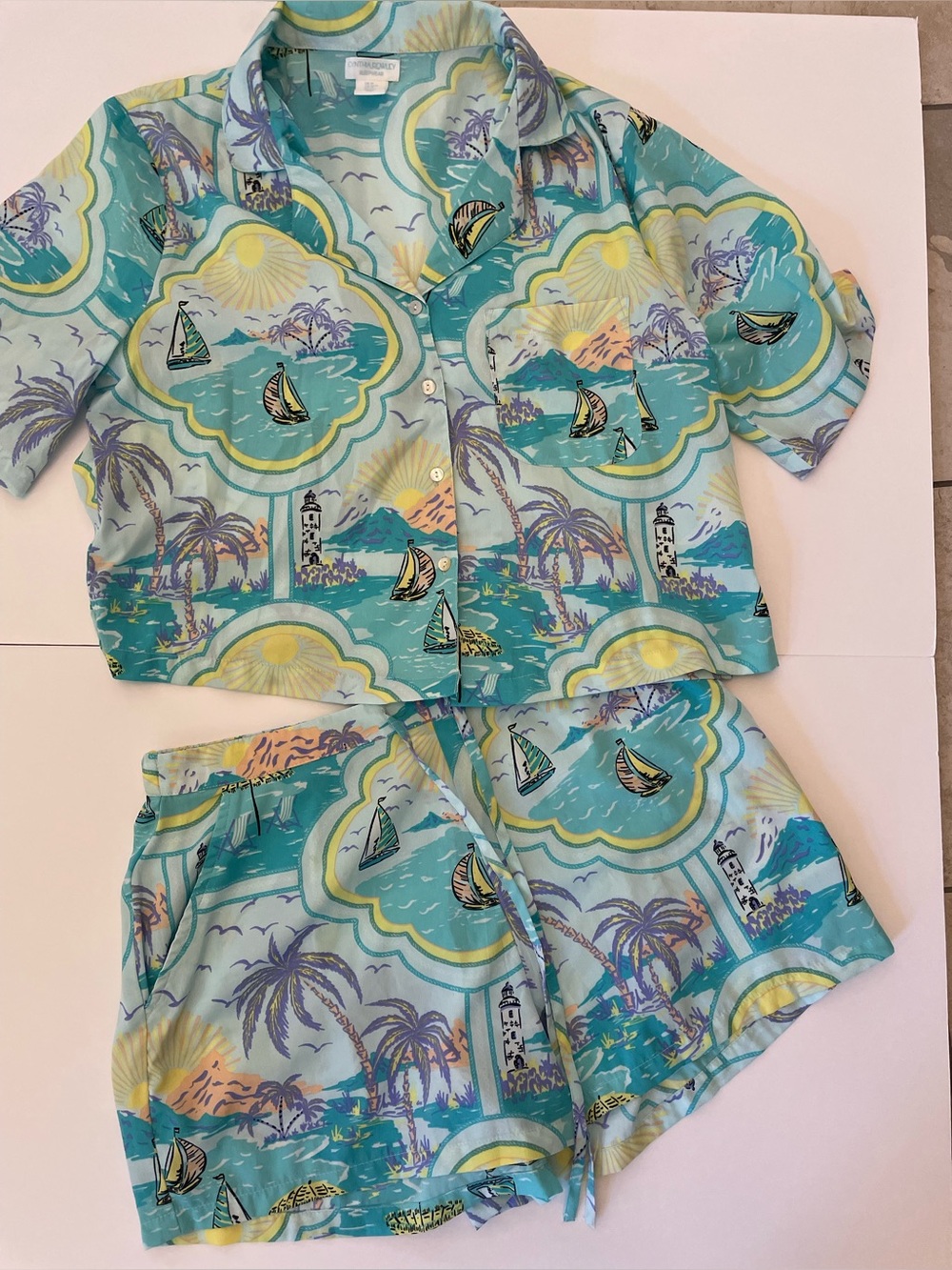 Cynthia ROWLEY Two-Piece Teal Tropical Pajama Set SZ M